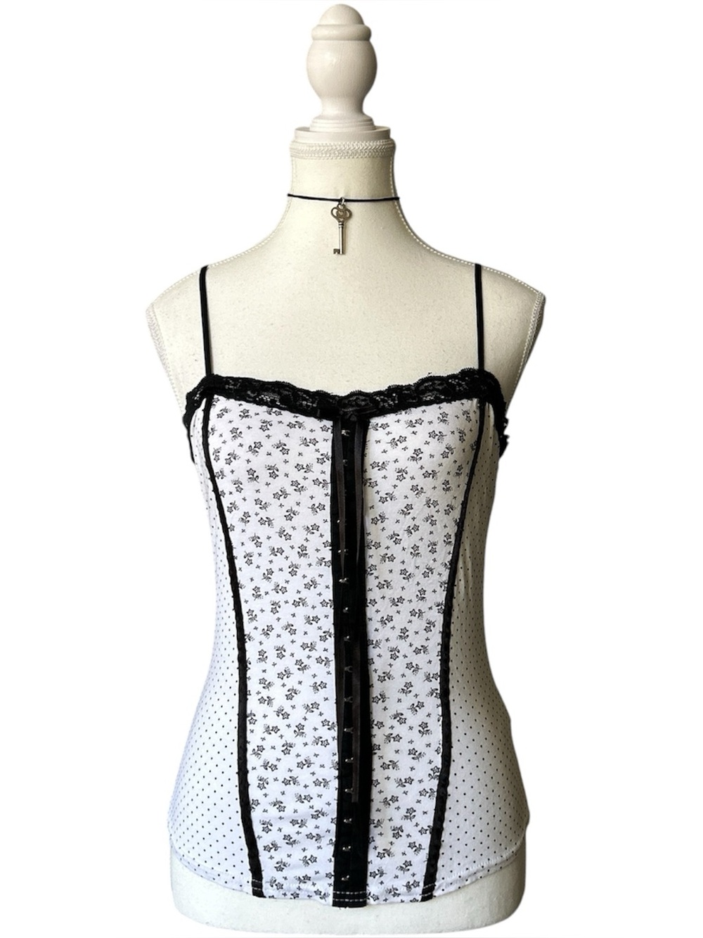 Y2K Coquette “Orsay” White and Black Polka Dot Lace Trim Corset Style Tank